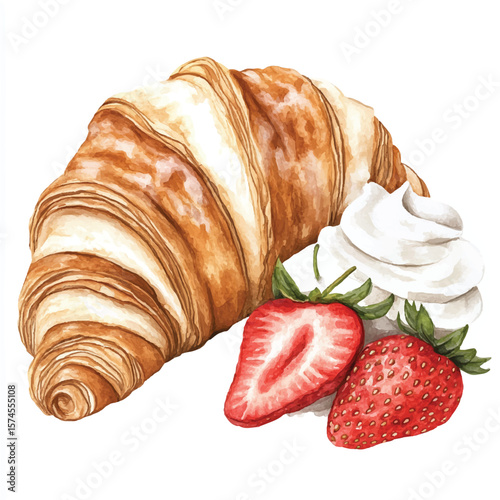 Watercolor Croissant with Strawberries and Whipped Cream Delicious Breakfast Scene