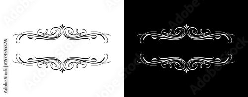 Decorative vintage symmetrical dividers for text, isolated vector image, design element for postcards and typography, two design variants - on transparent and black backgrounds