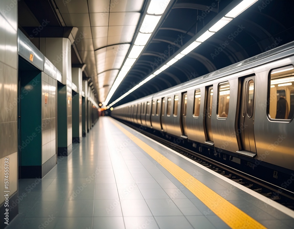Naklejka premium Blur empty and secluded subway platform station for background.