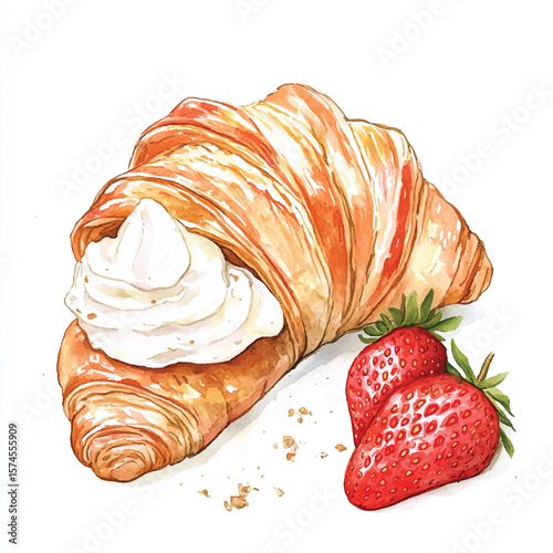 Watercolor Croissant with Whipped Cream and Fresh Strawberries