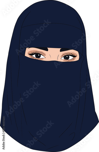 Beautiful eyes peering from a navy blue niqab, a depiction of a veiled Muslim woman against a transparent backdrop.