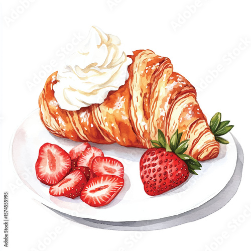 Watercolor Croissant with Whipped Cream and Sliced Strawberries