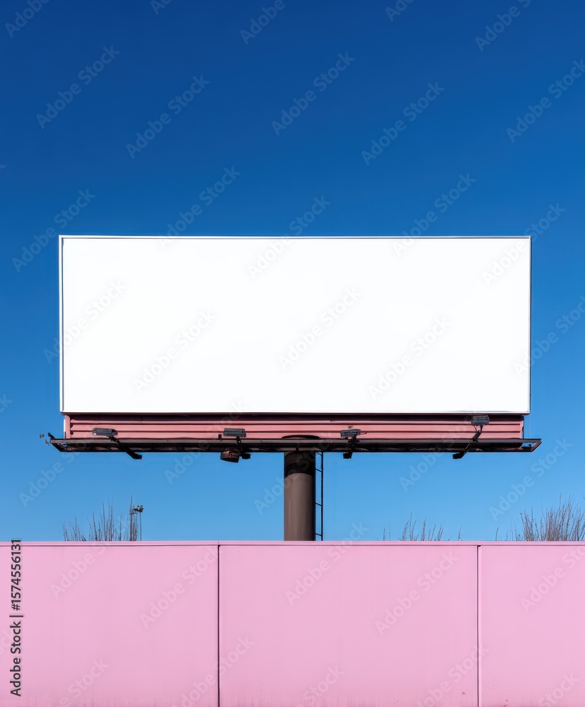 Obraz premium Large blank white billboard on a tall pole above a pink wall against a clear blue sky in a modern urban setting