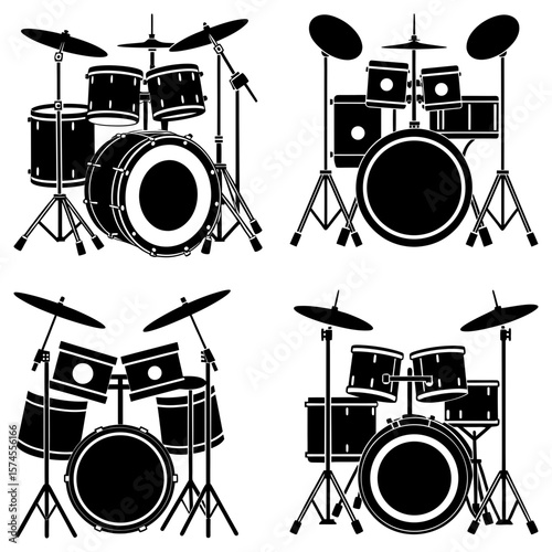 Four drum sets in black and white showing different angles and configurations on a white background