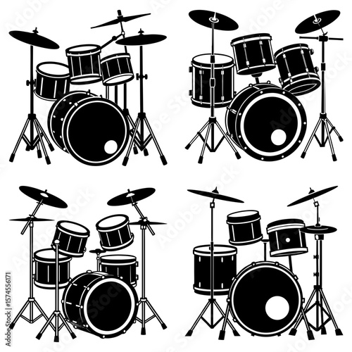 Illustration showing four drum sets with various cymbals and drums in a black and white style