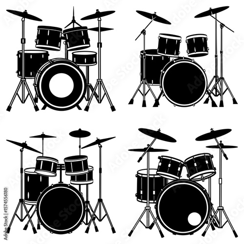 Four drum sets displayed in a black and white vector illustration for musical instrument representation