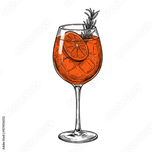 Aperol spritz cocktail in a glass with ice and garnish on a white background copy space
