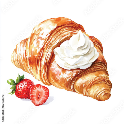 Watercolor Croissant with Whipped Cream and Strawberries (1)