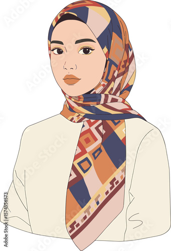 Elegant young woman wearing a patterned hijab in a digital art style portrait, perfect for fashion or lifestyle content creation.