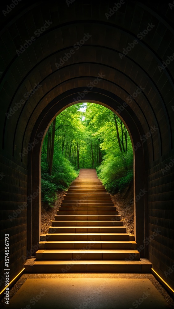 Fototapeta premium Sunlight streams through a stone archway leading to a forest path with mossy stairs