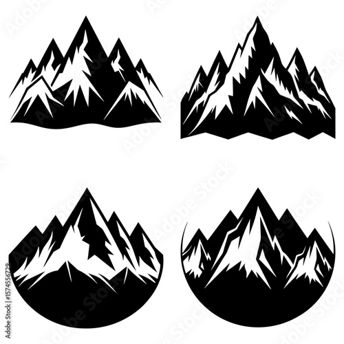 Four mountain range illustrations in black and white showing rocky peaks and snowy capped mountain tops