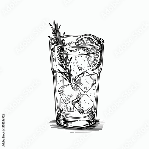 Gin and tonic cocktail with rosemary sprig and lime slice in a glass on a white background copy space