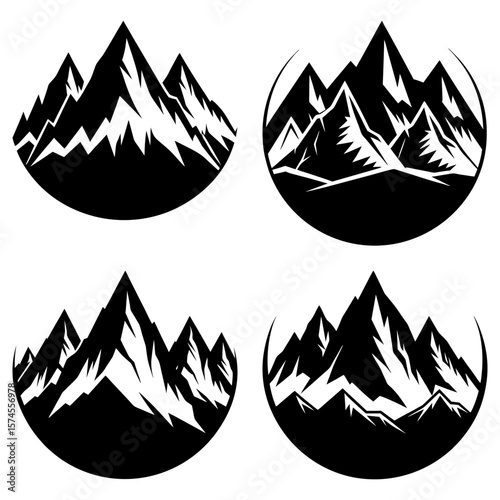 Four mountain range icons in black and white with jagged peaks inside circular frames in vector format
