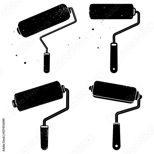 Four black paint rollers with handles and splatters arranged on a white background in a square format