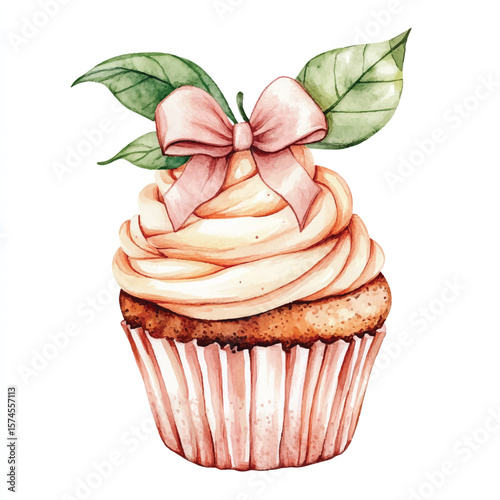 Watercolor Cupcake with Peach Frosting and Pink Bow