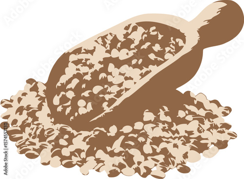 Brown seeds spilling from a wooden scoop onto a pile on a white background beige