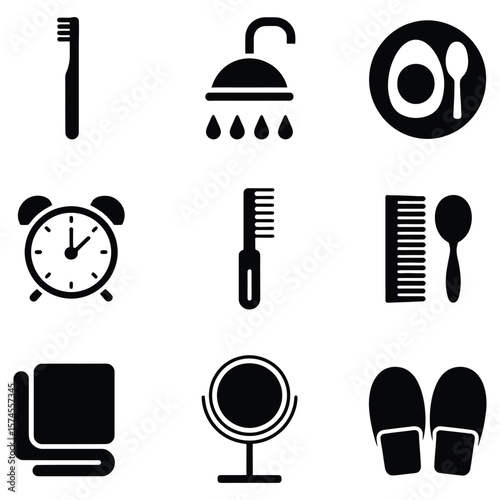 Bathroom icons toothbrush shower egg alarm clock comb mirror slippers