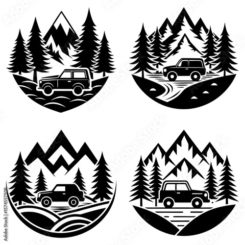 Four monochrome icons depicting off road vehicles in nature scenes with mountains and pine trees designs
