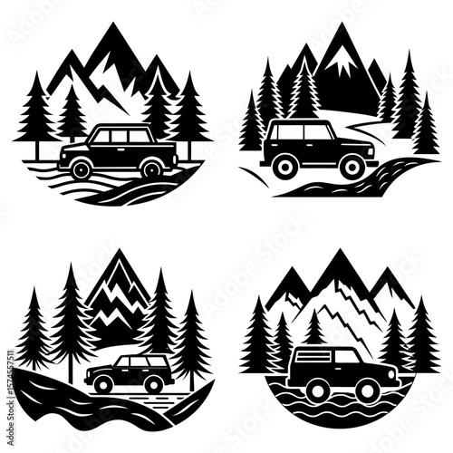Four monochrome off road vehicle icons with mountain and pine tree backgrounds in a circular composition