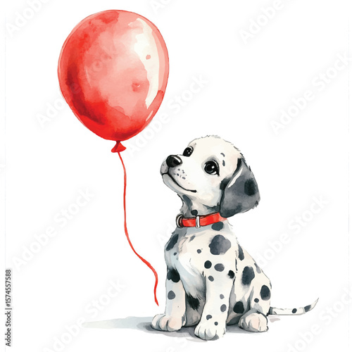 Watercolor Dalmatian Puppy Gazing at a Red Balloon with a Red Collar