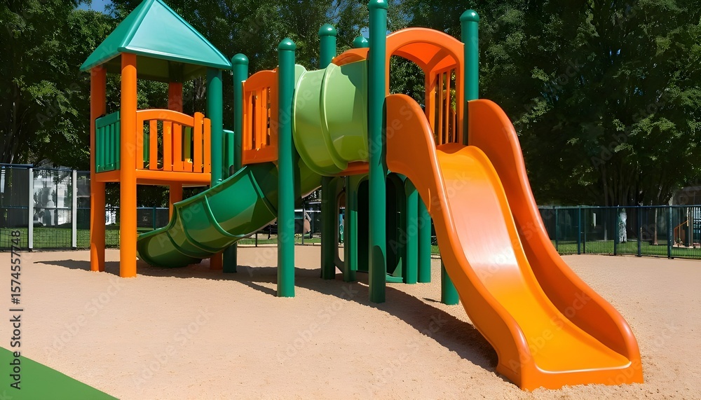 custom made wallpaper toronto digital
A realistic playground slide made of bright red plastic, placed on a grassy park field with soft sunlight and trees in the background