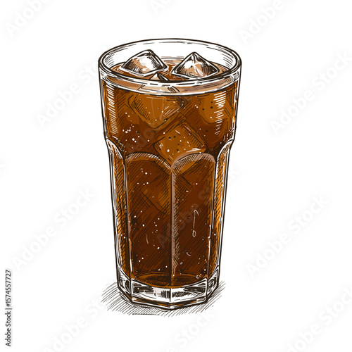 Iced coffee in a tall glass with ice on a white background copy space
