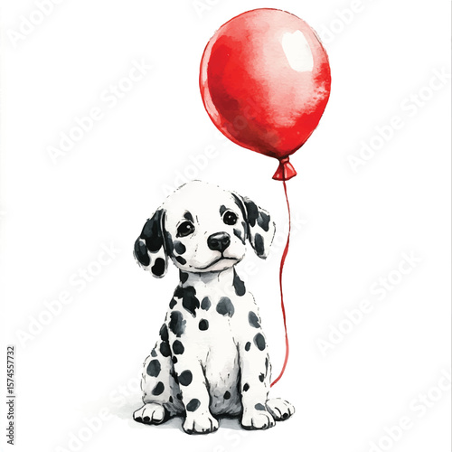 Watercolor Dalmatian Puppy Sitting with a Bright Red Balloon