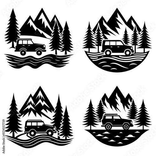 Four monochrome emblems featuring off road vehicles in nature scenes with mountains and pine trees art
