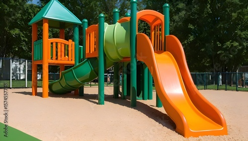 Wallpaper Mural 
A realistic playground slide made of bright red plastic, placed on a grassy park field with soft sunlight and trees in the background Torontodigital.ca