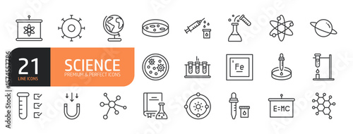 Set of line icons related to Science, Laboratory, scientific, pharmacy, physics, biology, laboratory and more. Outline icons collection. Editable stroke. Vector illustration.