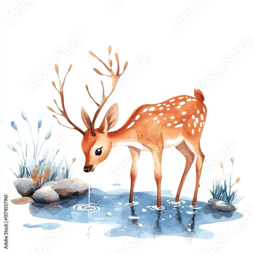 Watercolor Deer Drinking Water with Antlers and Spotted Coat Peaceful Scene