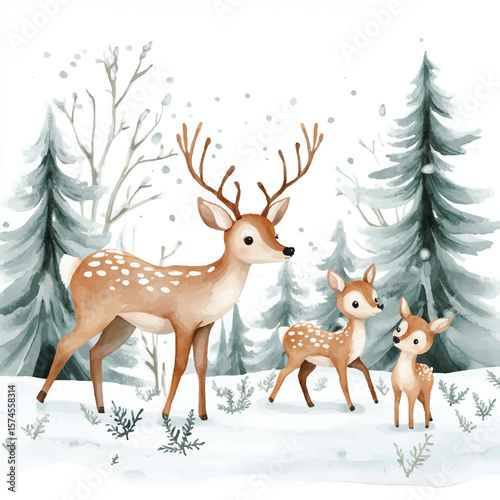 Watercolor Deer Family in Snowy Winter Forest Doe Fawns Antlers