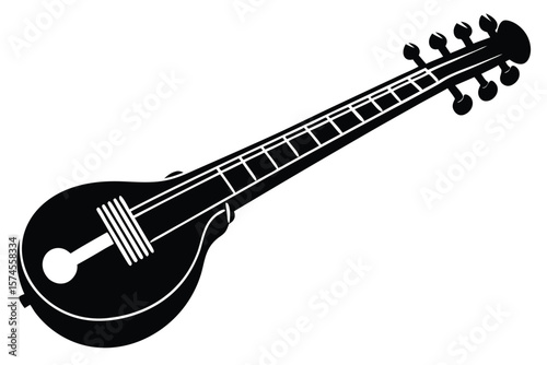 Black silhouette of a traditional indian sitar musical instrument