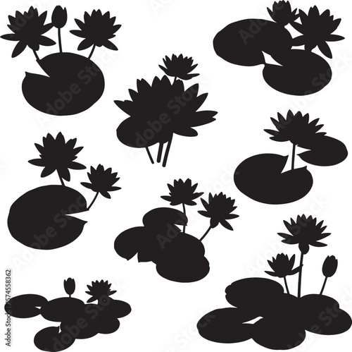 Elegant black silhouettes of various water lilies with pads and buds, ideal for botanical illustrations, serene nature designs, pond themes, and decorative aquatic floral vectors