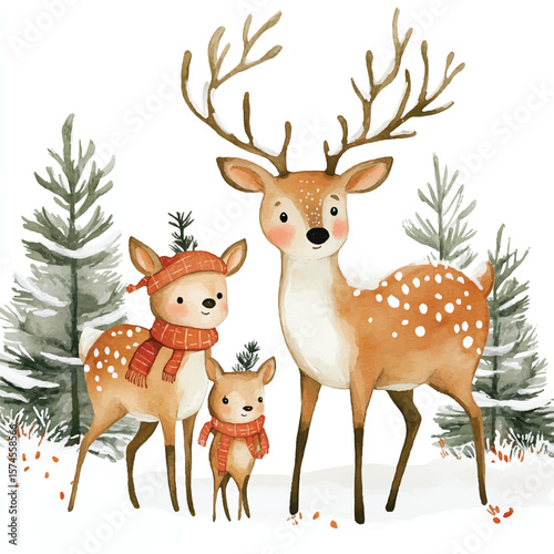 Watercolor Deer Family in Winter Forest Festive Scarves and Snowy Antlers