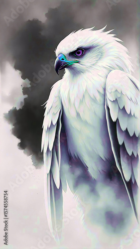 A dreamy digital painting of a majestic white falcon with amethyst eyes and soft feathers blending into a cloudy, ethereal background, combining realism and watercolor textures in a serene fantasy sty