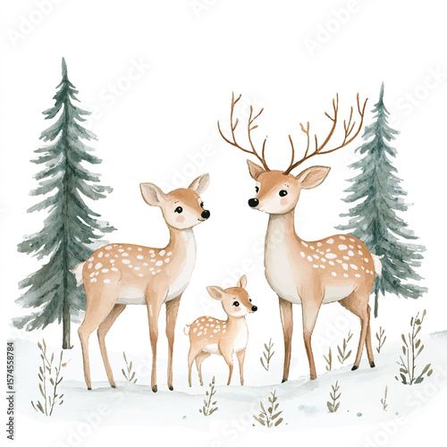 Watercolor Deer Family in Winter Woodland Scene