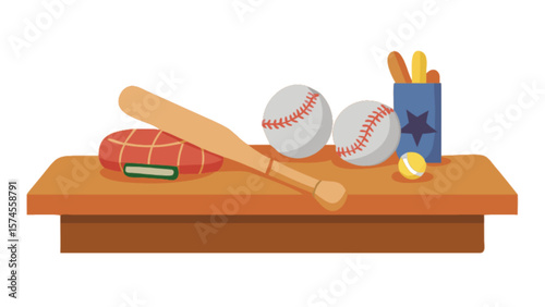 Baseball equipment still life illustration featuring bat balls and other sporting goods on table top view
