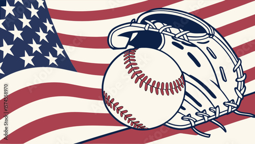Baseball game equipment with american flag background for sports fans and patriotic celebrations design