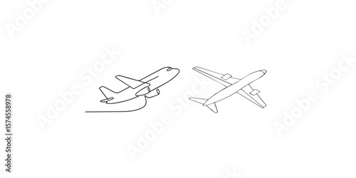 Print  Plane taking off, vector, black line drawing, minimalistic, single line, simple line, isolated, transparent background
