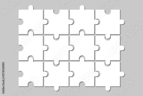 Infographic set of 12 puzzle pieces. Jigsaw puzzle on grey background. Set of puzzle pieces. Vector illustration.
