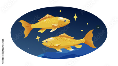 Goldfish swimming in the night sky vector illustration, aquatic life, fish, stars, ocean, sea, water, design