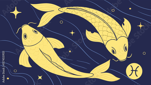Pisces zodiac sign astrology horoscope with golden fish and stars vector illustration art design 100char