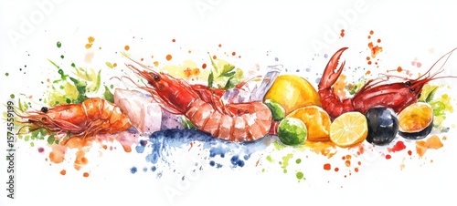 Abstract sea food ingredient watercolor. Vivid colors in illustration for banner, poster. Element design. freedom concept. 