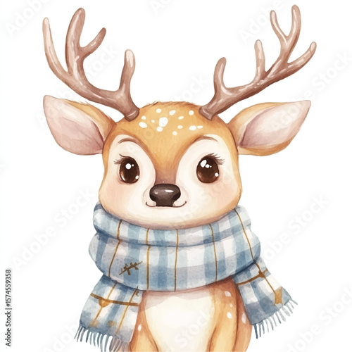 Watercolor Deer Portrait with Plaid Scarf and Delicate Antlers