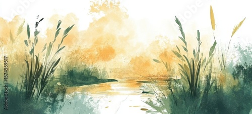 Abstract lake watercolor. Vivid colors in illustration for banner, poster. Element design. freedom concept. 