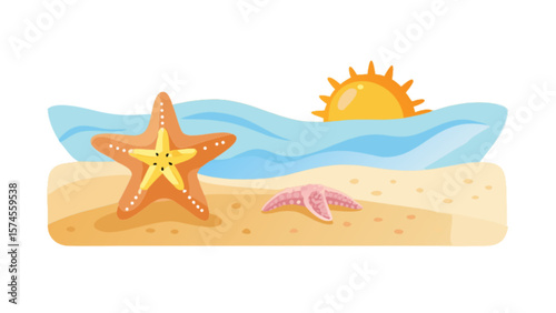 Summer beach scene with starfish vector illustration for summer vacation travel and holiday designs 100 char