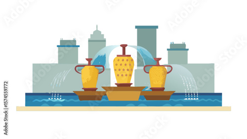 City fountain with yellow vases and water features illustration for urban landscape and architecture design