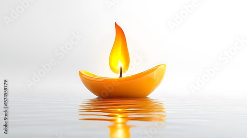 Illuminated candle on a reflective surface.
