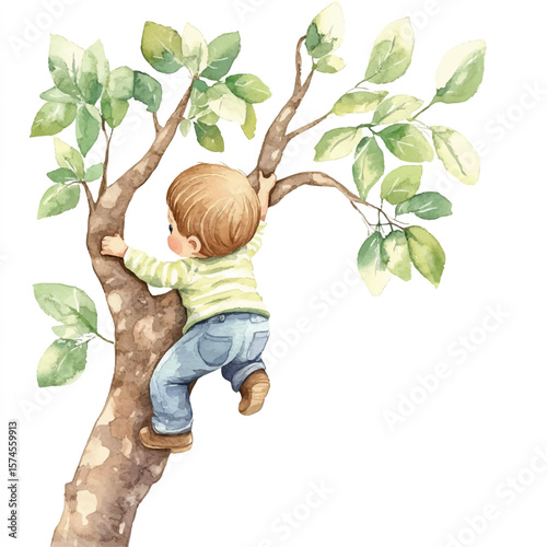 Watercolor depiction of a child climbing a tree reaching for adventure